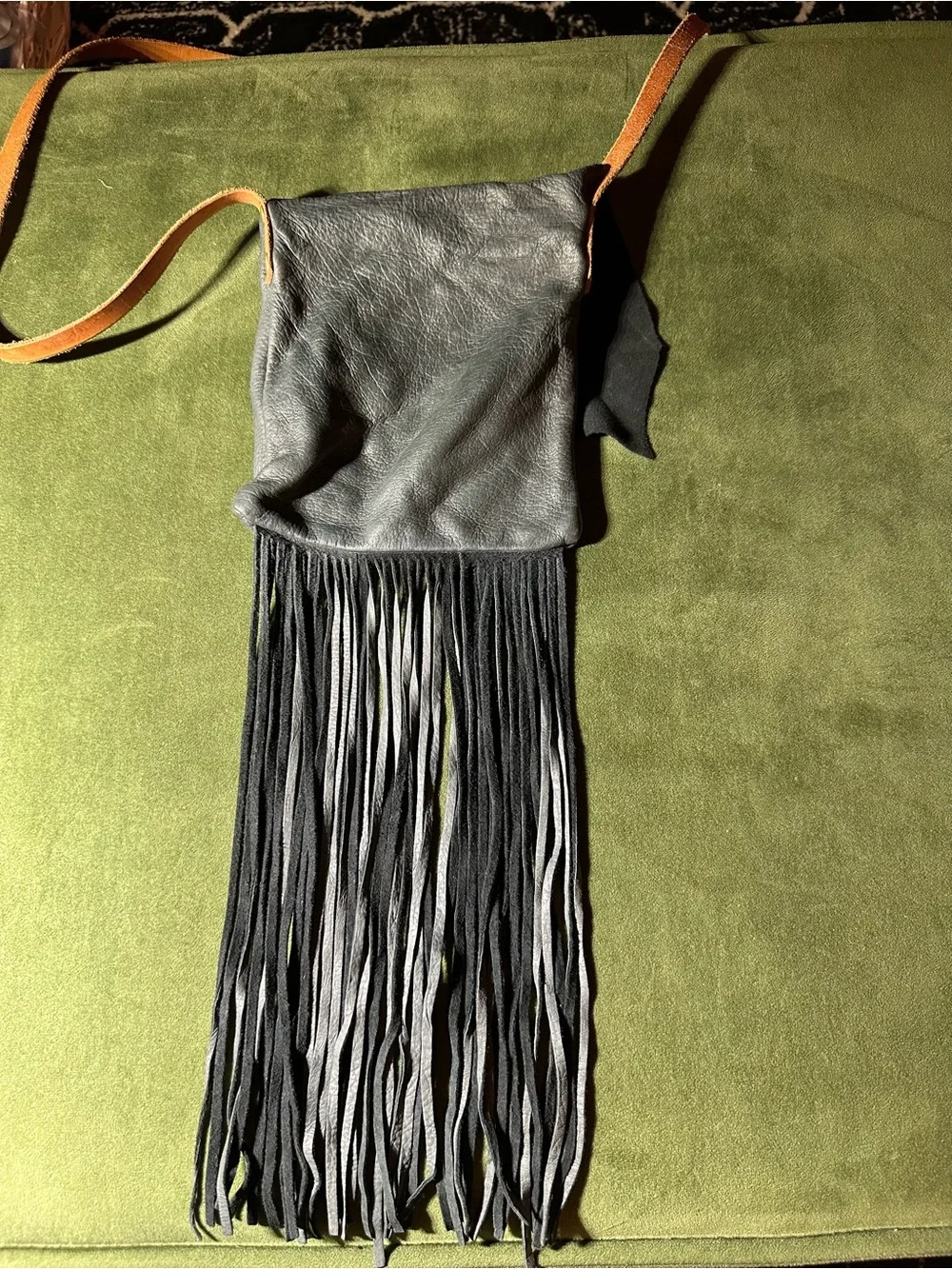 Black Leather Fringe Crossbody Bag with Tan Strap
